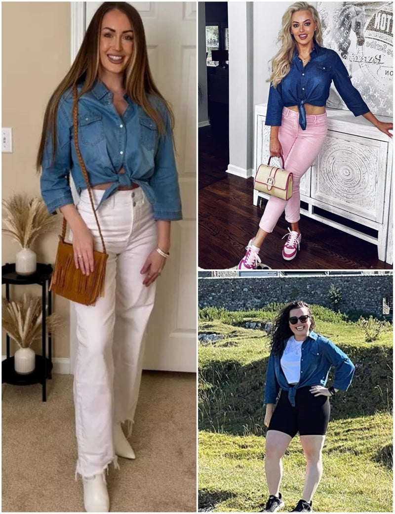 Omoone Women's 3/4 Sleeve Modern Denim Crop Top Tie Knot Shirt Cardigan (0774-Dark Blue-S) - Image 5